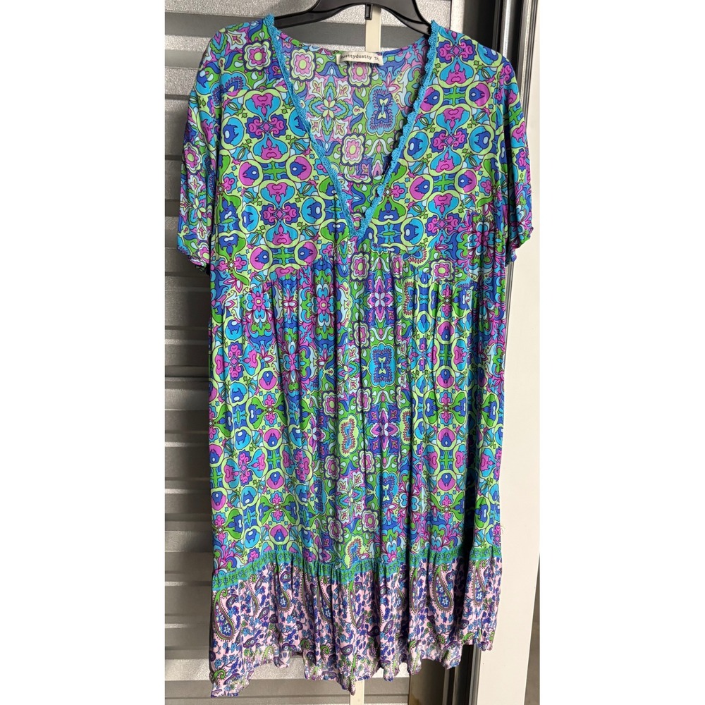 Rusttydustty Womens 1XL Psychedelic Floral Paisley V-Neck Babydoll Dress Blue